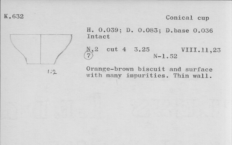 Index card with typed and handwritten information, sometimes including a sketch, of pottery from an excavation.