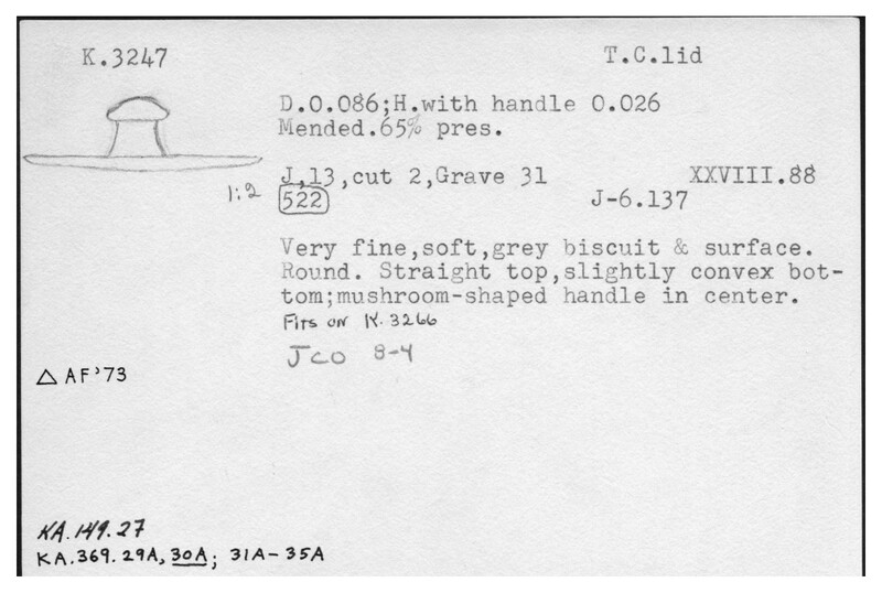 Index card with typed and handwritten information, sometimes including a sketch, of pottery from an excavation.