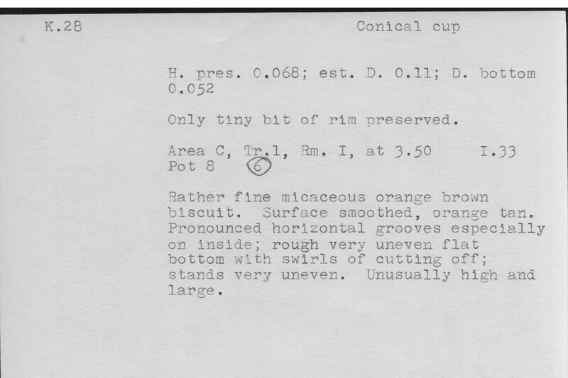 Index card with typed and handwritten information, sometimes including a sketch, of pottery from an excavation.