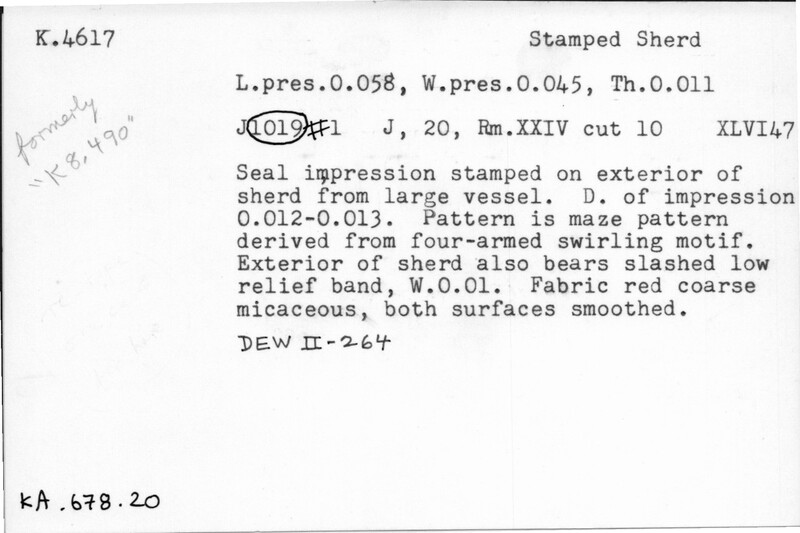 Index card with typed and handwritten information, sometimes including a sketch, of pottery from an excavation.