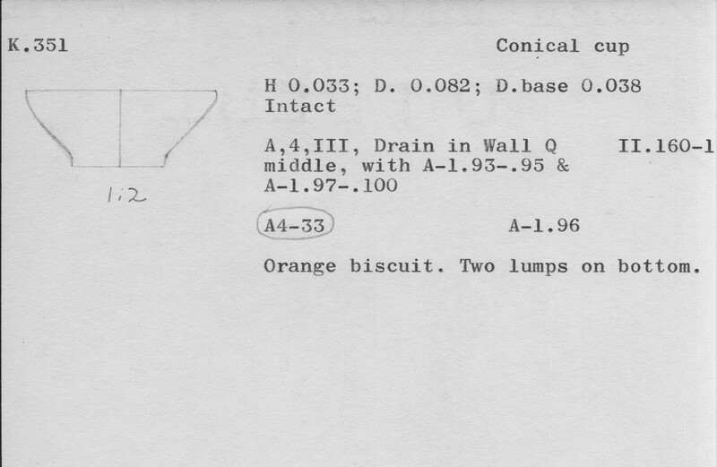 Index card with typed and handwritten information, sometimes including a sketch, of pottery from an excavation.