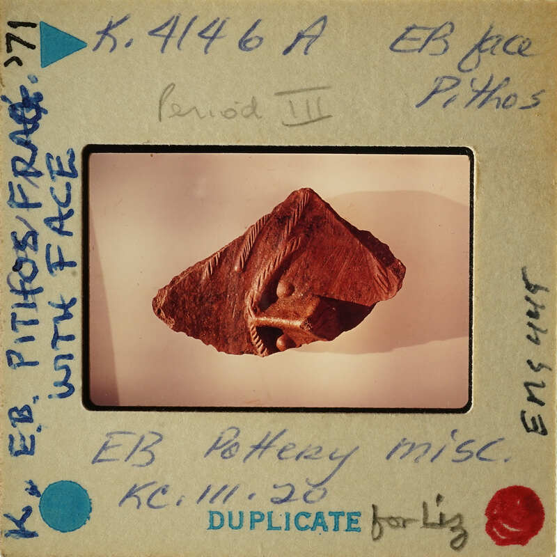 Ancient pottery shard with markings on display.