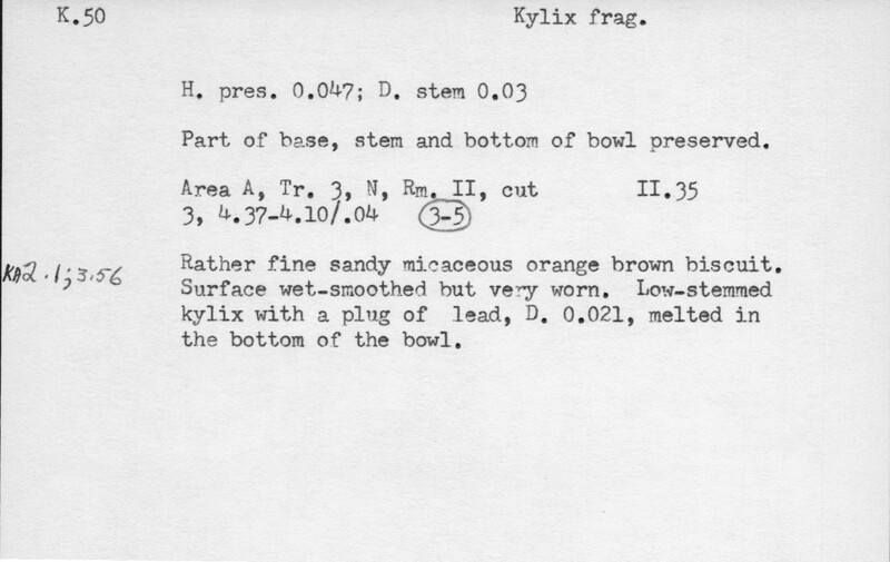 Index card with typed and handwritten information, sometimes including a sketch, of pottery from an excavation.