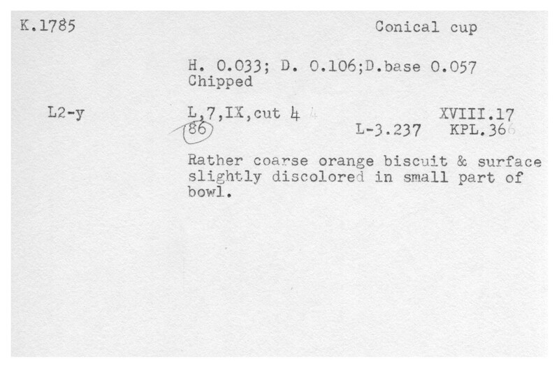 Index card with typed and handwritten information, sometimes including a sketch, of pottery from an excavation.