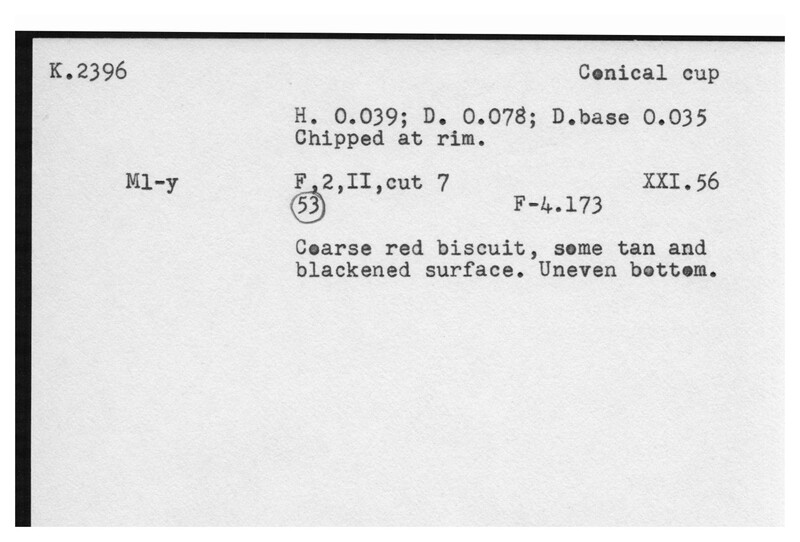 Index card with typed and handwritten information, sometimes including a sketch, of pottery from an excavation.