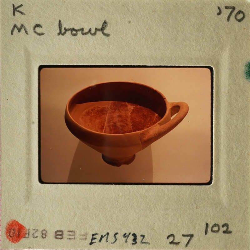 Ancient Greek bowl with visible decorations on display.