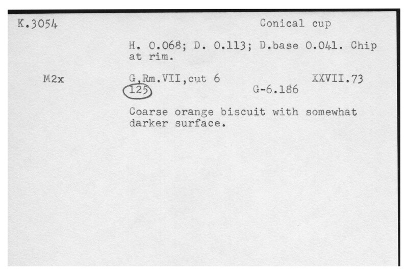 Index card with typed and handwritten information, sometimes including a sketch, of pottery from an excavation.