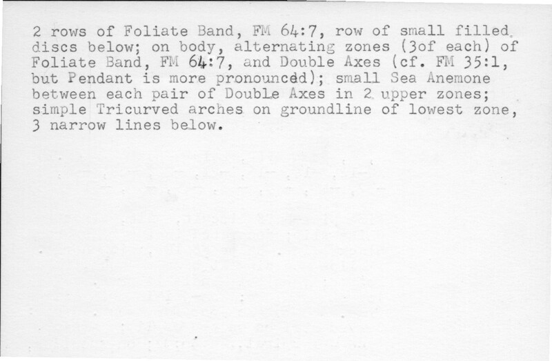 Index card with typed and handwritten information, sometimes including a sketch, of pottery from an excavation.