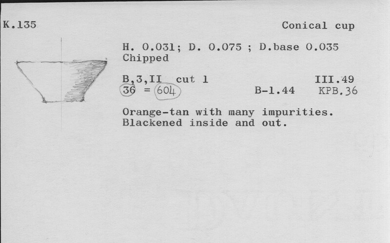 Index card with typed and handwritten information, sometimes including a sketch, of pottery from an excavation.