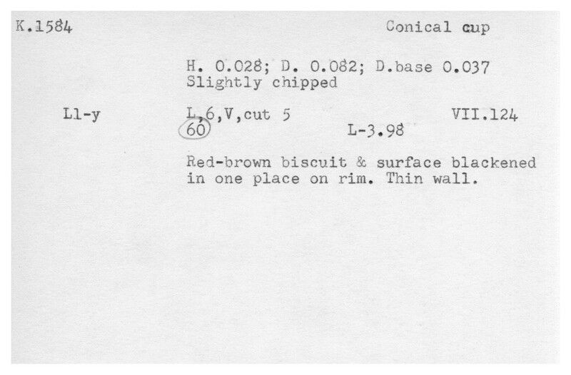 Index card with typed and handwritten information, sometimes including a sketch, of pottery from an excavation.