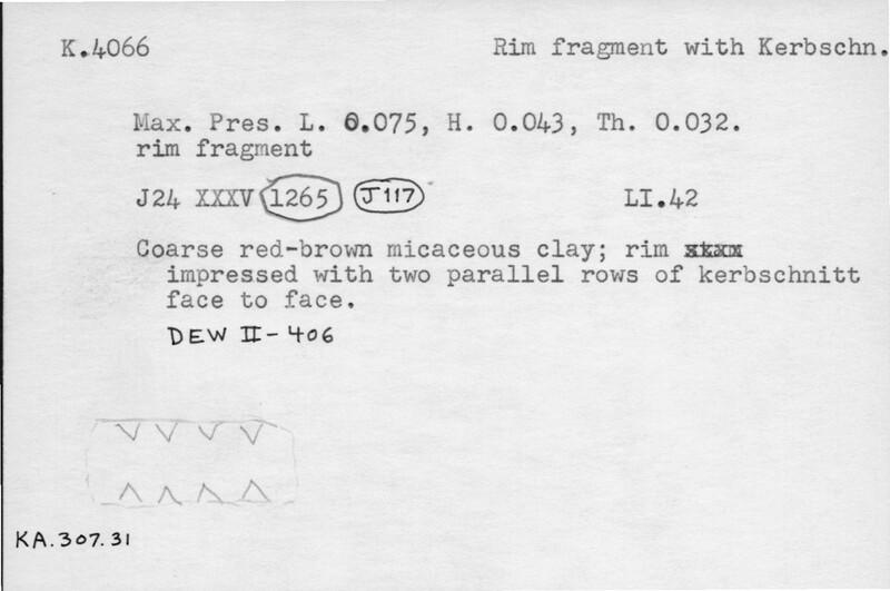 Index card with typed and handwritten information, sometimes including a sketch, of pottery from an excavation.