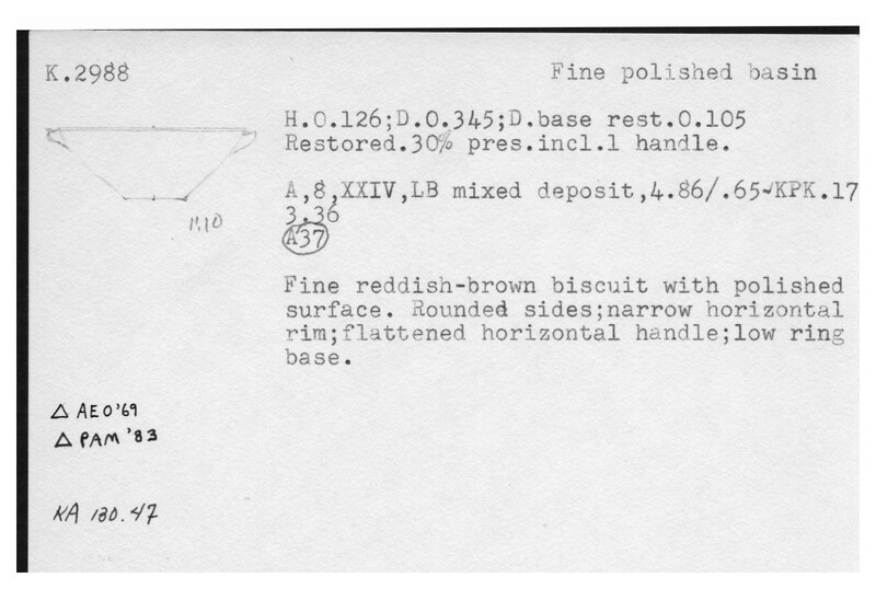 Index card with typed and handwritten information, sometimes including a sketch, of pottery from an excavation.
