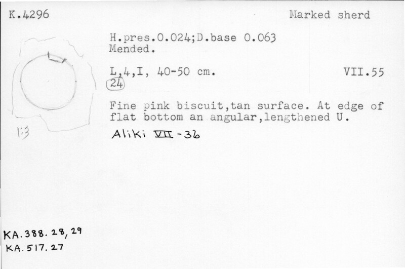Index card with typed and handwritten information, sometimes including a sketch, of pottery from an excavation.