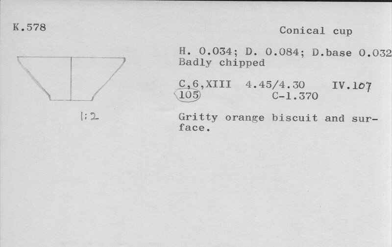 Index card with typed and handwritten information, sometimes including a sketch, of pottery from an excavation.