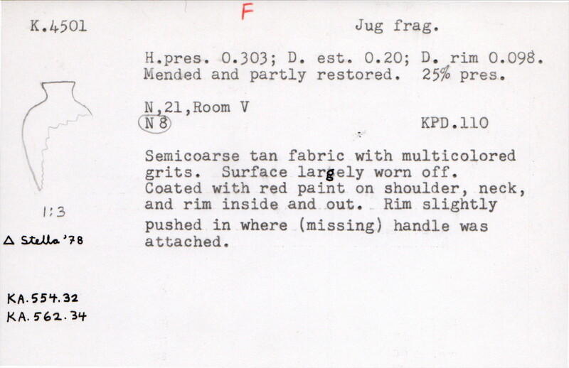 Index card with typed and handwritten information, sometimes including a sketch, of pottery from an excavation.