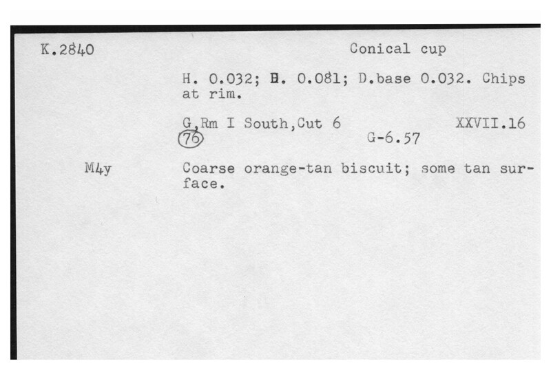 Index card with typed and handwritten information, sometimes including a sketch, of pottery from an excavation.