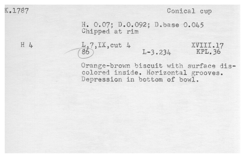 Index card with typed and handwritten information, sometimes including a sketch, of pottery from an excavation.