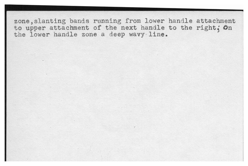 Index card with typed and handwritten information, sometimes including a sketch, of pottery from an excavation.