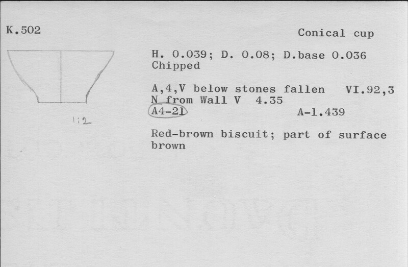Index card with typed and handwritten information, sometimes including a sketch, of pottery from an excavation.