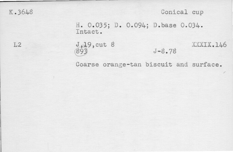 Index card with typed and handwritten information, sometimes including a sketch, of pottery from an excavation.