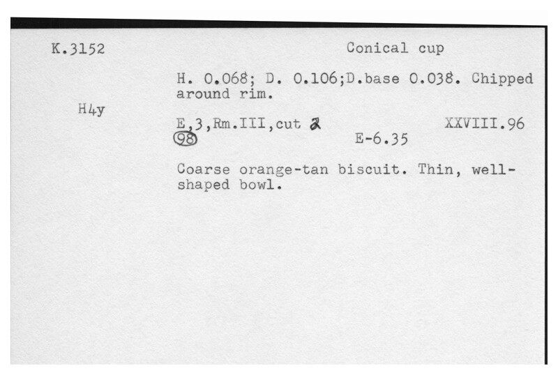 Index card with typed and handwritten information, sometimes including a sketch, of pottery from an excavation.