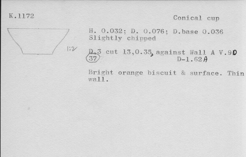 Index card with typed and handwritten information, sometimes including a sketch, of pottery from an excavation.