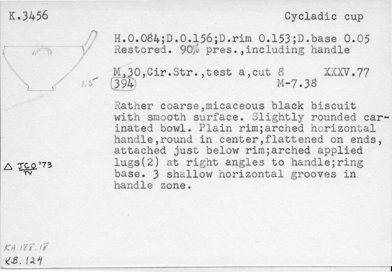 Index card with typed and handwritten information, sometimes including a sketch, of pottery from an excavation.