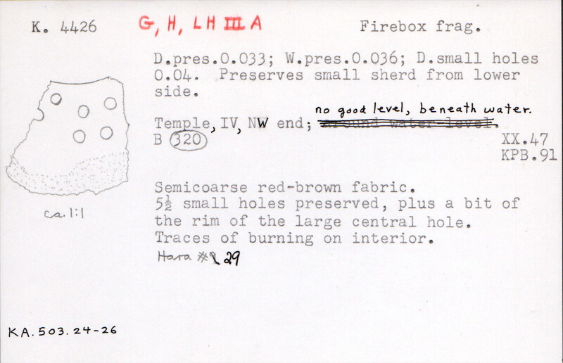 Index card with typed and handwritten information, sometimes including a sketch, of pottery from an excavation.