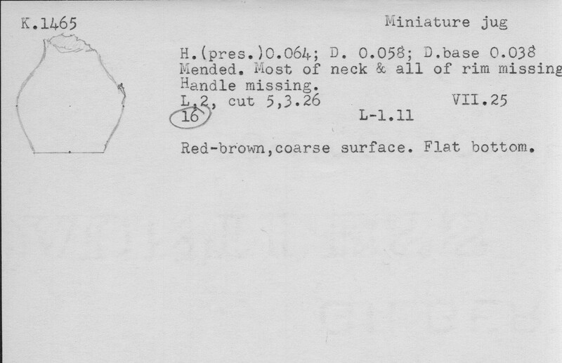 Index card with typed and handwritten information, sometimes including a sketch, of pottery from an excavation.