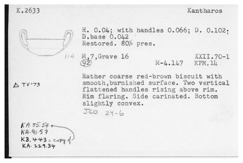 Index card with typed and handwritten information, sometimes including a sketch, of pottery from an excavation.