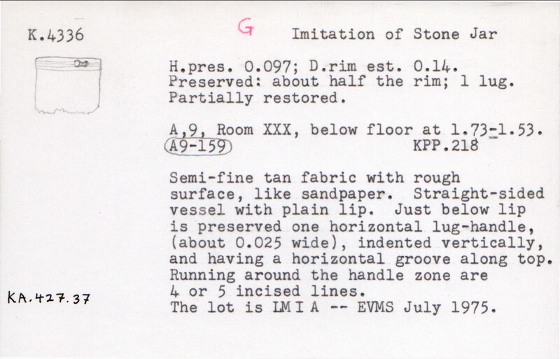 Index card with typed and handwritten information, sometimes including a sketch, of pottery from an excavation.