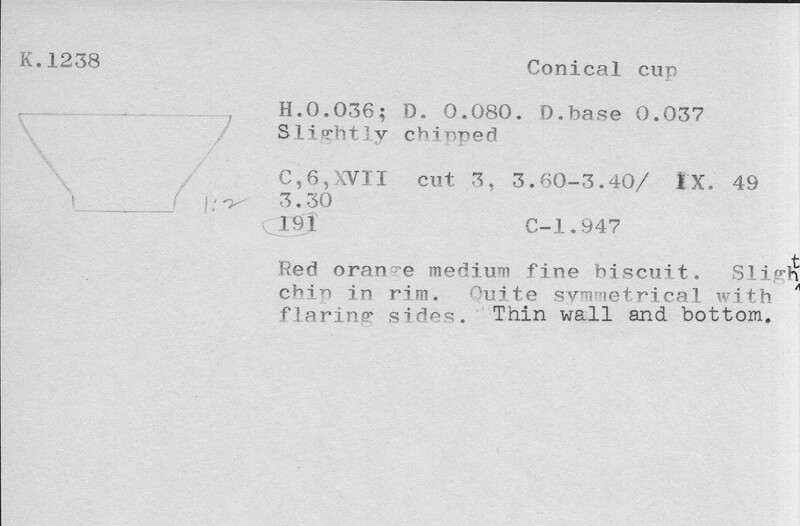 Index card with typed and handwritten information, sometimes including a sketch, of pottery from an excavation.