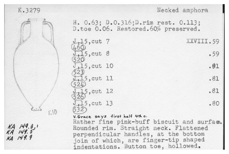Index card with typed and handwritten information, sometimes including a sketch, of pottery from an excavation.
