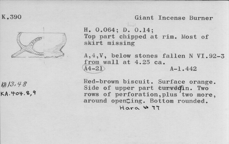 Index card with typed and handwritten information, sometimes including a sketch, of pottery from an excavation.