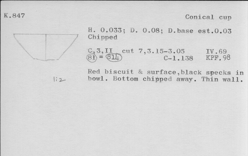 Index card with typed and handwritten information, sometimes including a sketch, of pottery from an excavation.