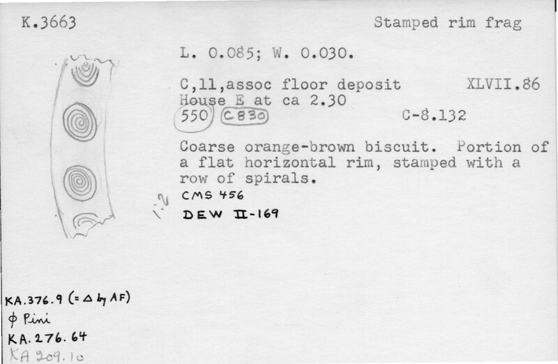 Index card with typed and handwritten information, sometimes including a sketch, of pottery from an excavation.
