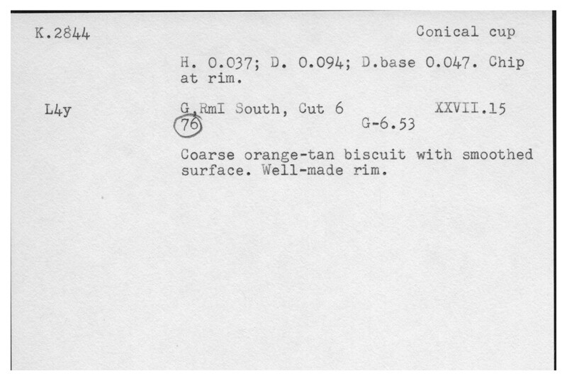 Index card with typed and handwritten information, sometimes including a sketch, of pottery from an excavation.