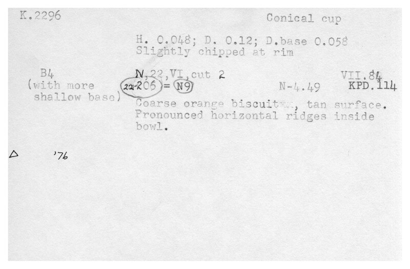 Index card with typed and handwritten information, sometimes including a sketch, of pottery from an excavation.