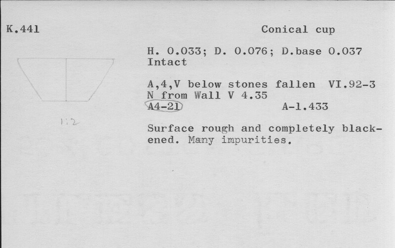 Index card with typed and handwritten information, sometimes including a sketch, of pottery from an excavation.