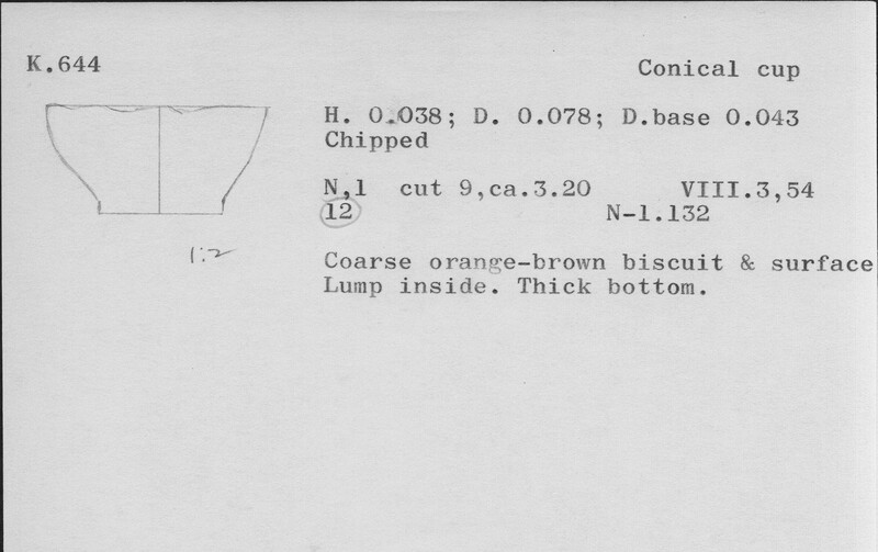 Index card with typed and handwritten information, sometimes including a sketch, of pottery from an excavation.