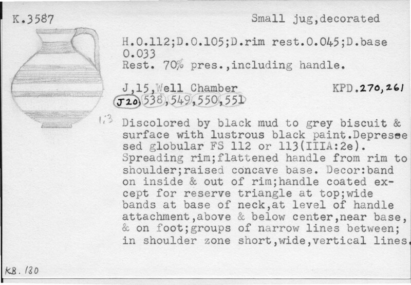 Index card with typed and handwritten information, sometimes including a sketch, of pottery from an excavation.