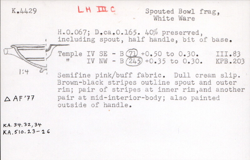 Index card with typed and handwritten information, sometimes including a sketch, of pottery from an excavation.