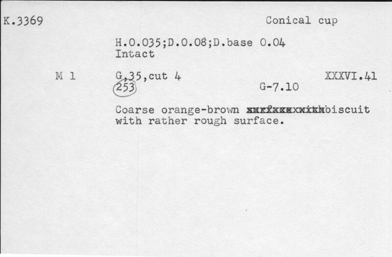 Index card with typed and handwritten information, sometimes including a sketch, of pottery from an excavation.