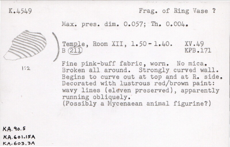 Index card with typed and handwritten information, sometimes including a sketch, of pottery from an excavation.