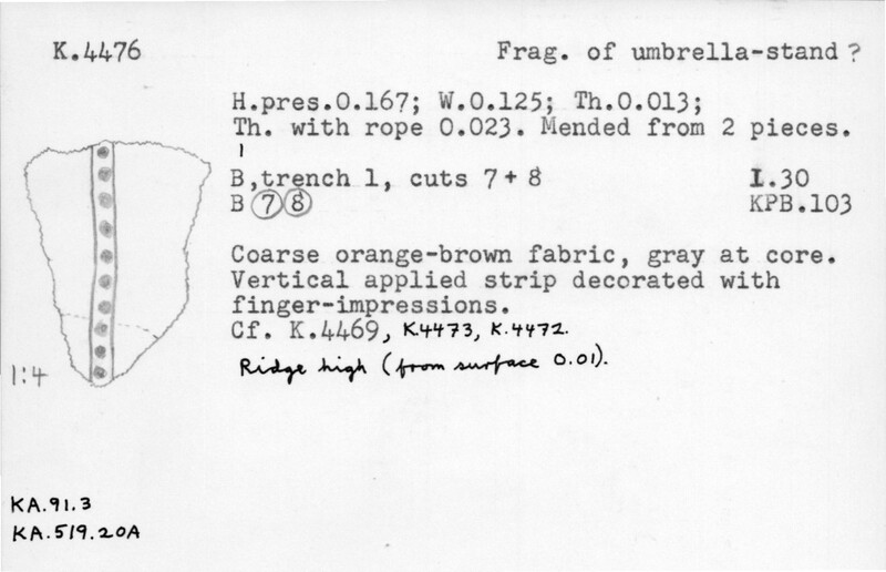 Index card with typed and handwritten information, sometimes including a sketch, of pottery from an excavation.