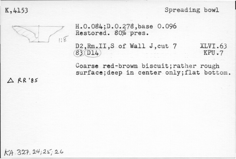 Index card with typed and handwritten information, sometimes including a sketch, of pottery from an excavation.