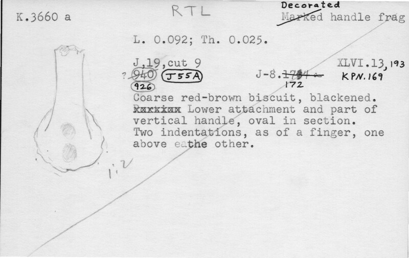 Index card with typed and handwritten information, sometimes including a sketch, of pottery from an excavation.