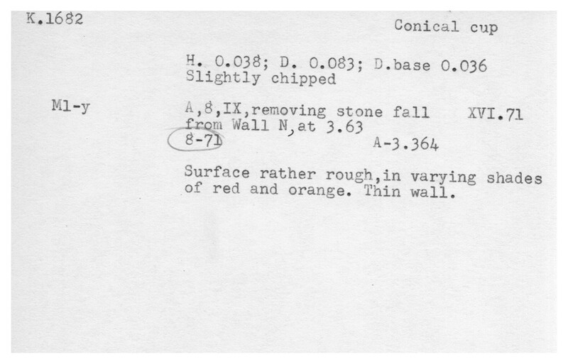Index card with typed and handwritten information, sometimes including a sketch, of pottery from an excavation.