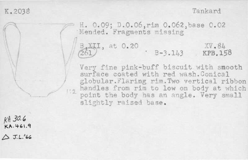 Index card with typed and handwritten information, sometimes including a sketch, of pottery from an excavation.