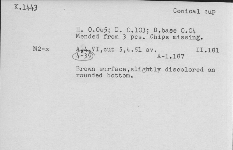 Index card with typed and handwritten information, sometimes including a sketch, of pottery from an excavation.